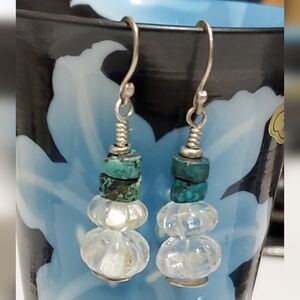 Vtg. Sterling Silver Carved Gemstone & Green Turquoise Tube Dangle Earrings